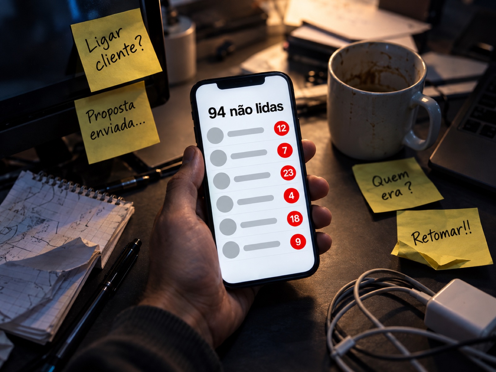 Celular com 94 mensagens não lidas sobre uma mesa bagunçada, cheia de lembretes colados