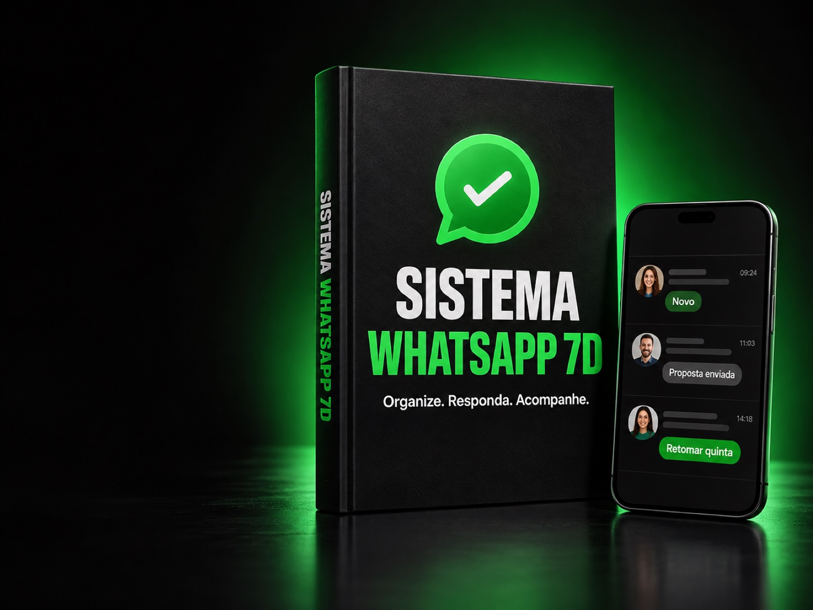 Guia Sistema WhatsApp 7D ao lado de um celular com as conversas etiquetadas
